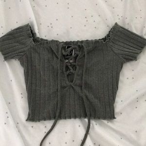 Ribbed olive lace up crop